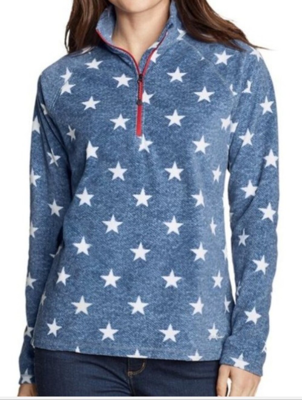 Eddie Bauer White Red Blue Star Printed Jacket Fleece 1/4-Zip Pullover